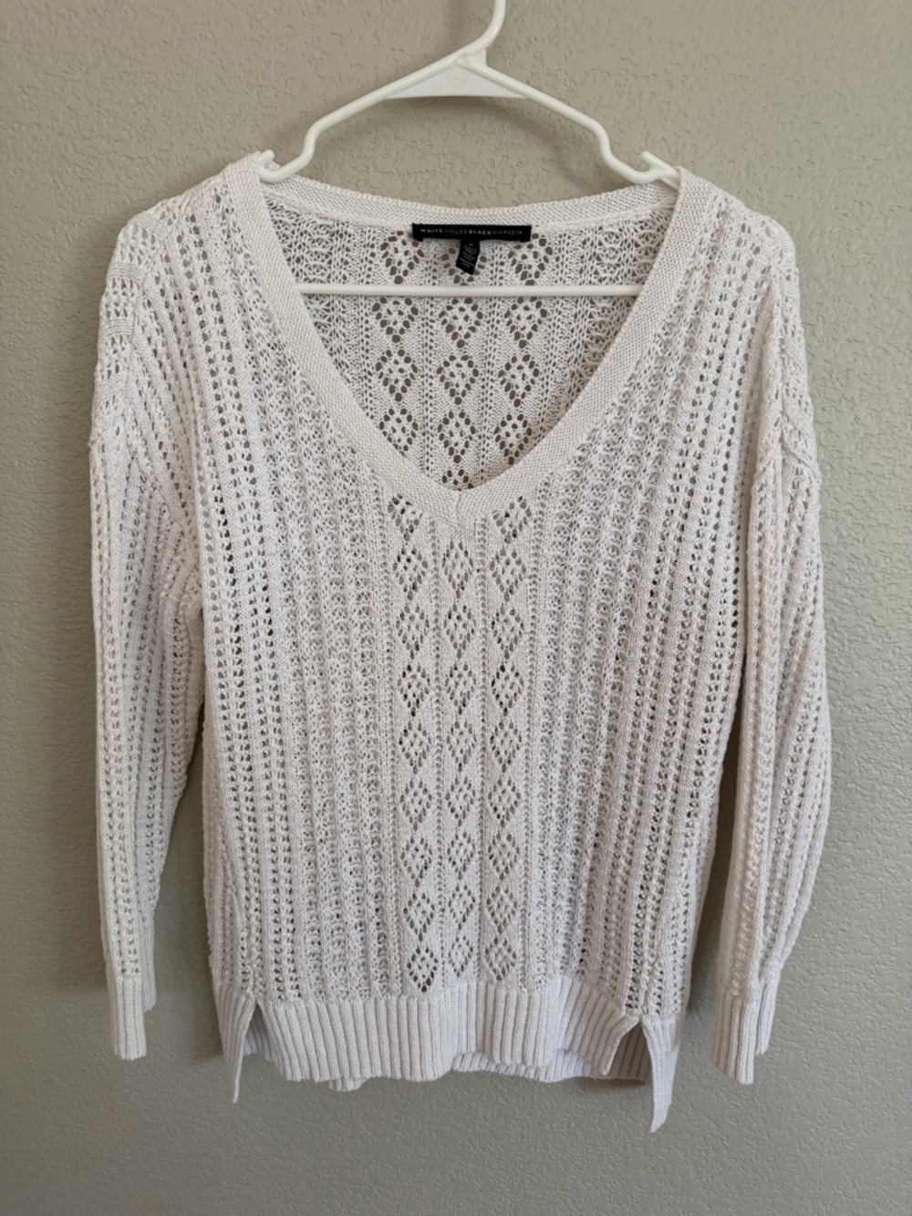White House Black Market Cream Openwork V-Neck Sweater